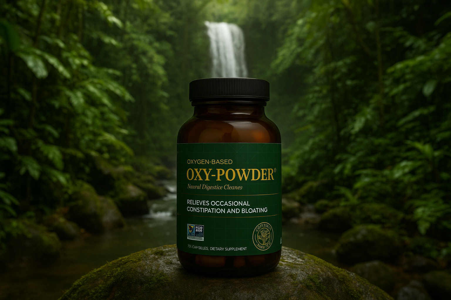Oxy-Powder bottle on rock in rainforest with waterfall - second version